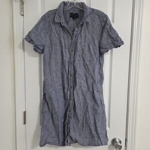 Tahari 100% Linen Button Down Short Sleeve Shirt Dress Pockets Sz L Blue Denim